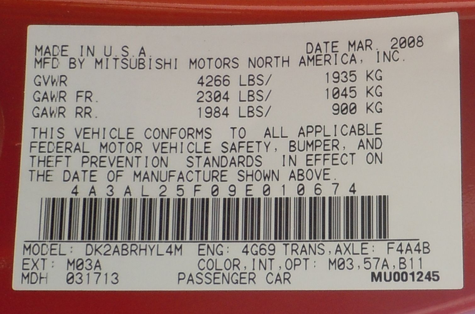 Mitsubishi Eclipse sn-4A3AL25F09E010674 2008