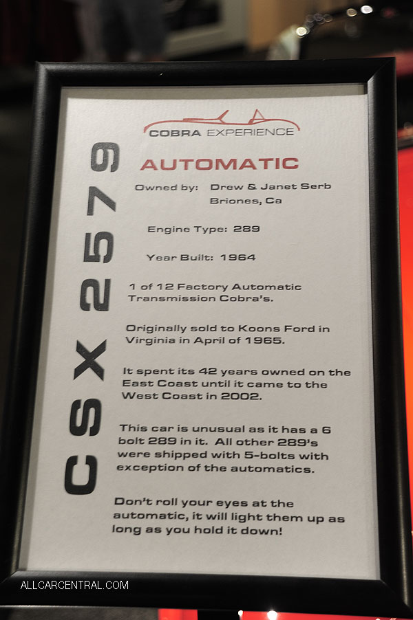 Shelby Cobra 289 Auto sn-CSX2579 1964 Cobra Experience Museum